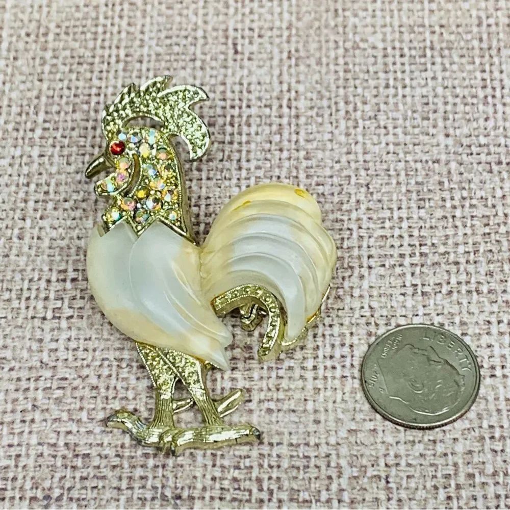Gold Rooster AB crystals MOP Body Brooch
